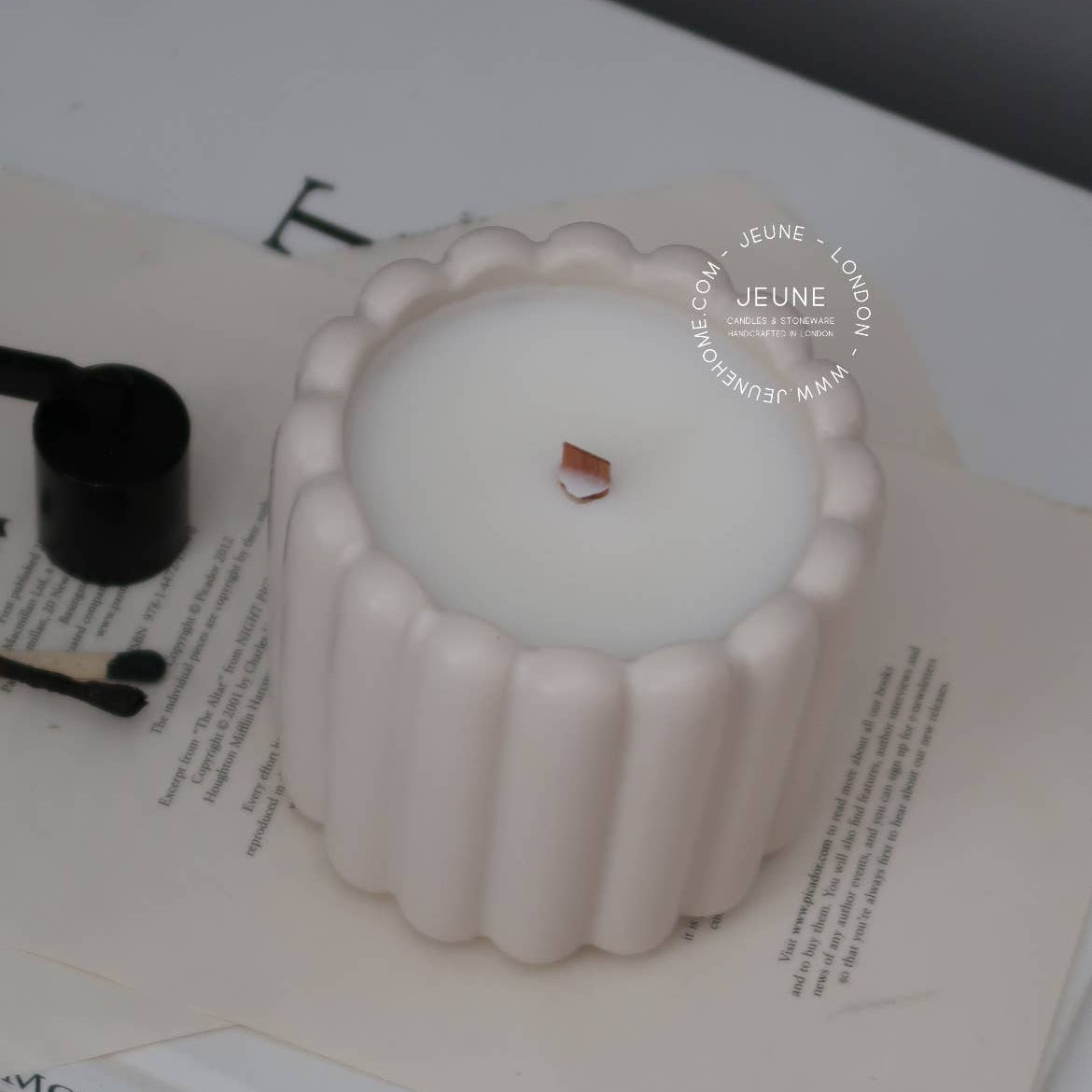 Fluted coconut wax candle in handcrafted jar