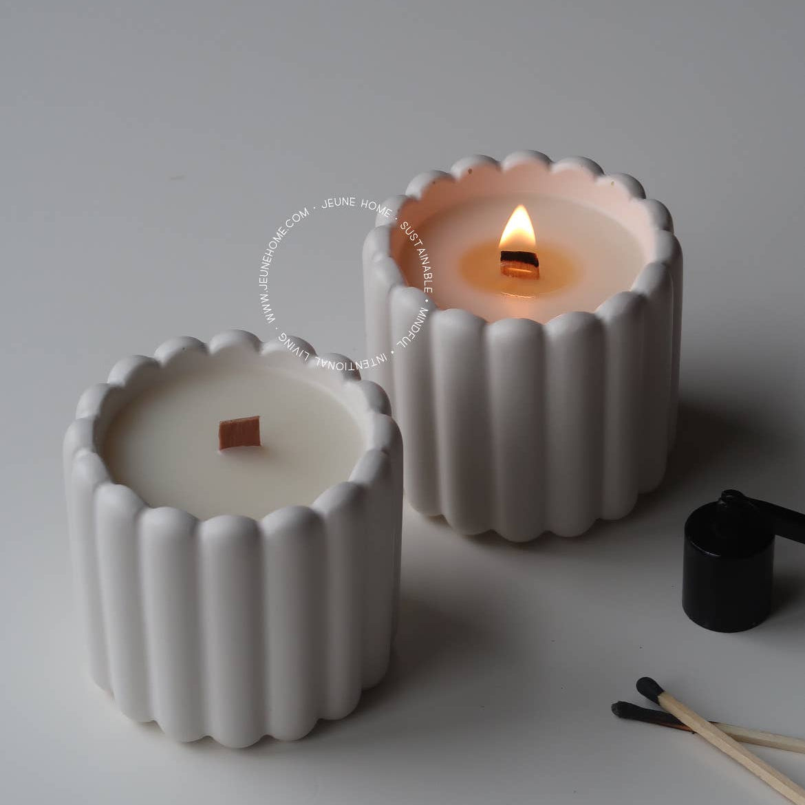 Fluted coconut wax candle in handcrafted jar